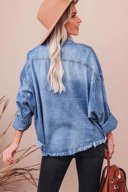 Raw Hem Sequin Football Long Sleeve Denim Jacket.