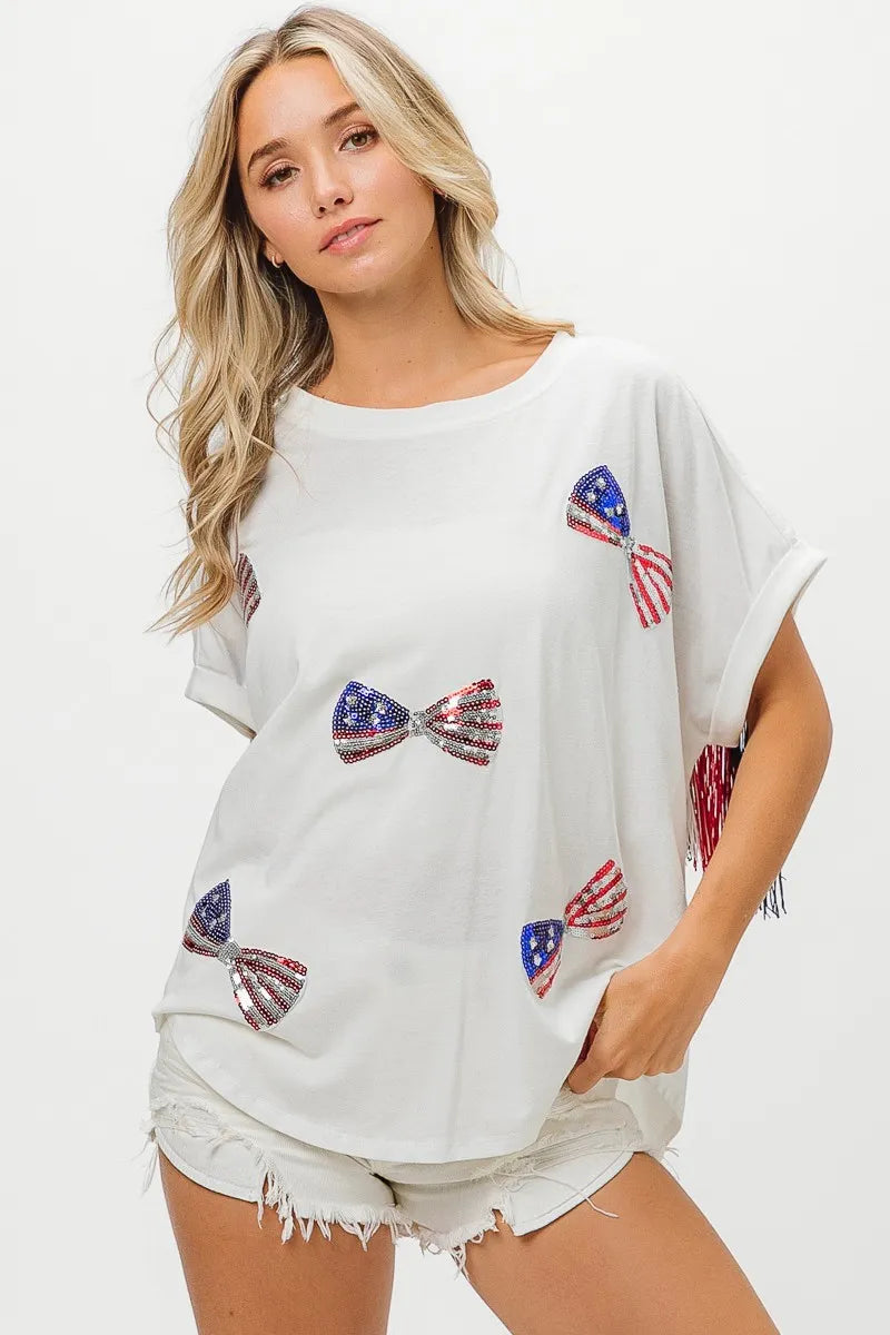 BiBi American Flag Sequin Ribbon T-Shirt - Love Salve 