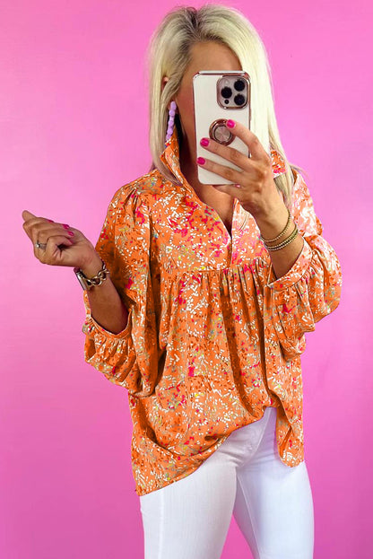 Vibrant orange abstract print collared babydoll blouse for effortless style