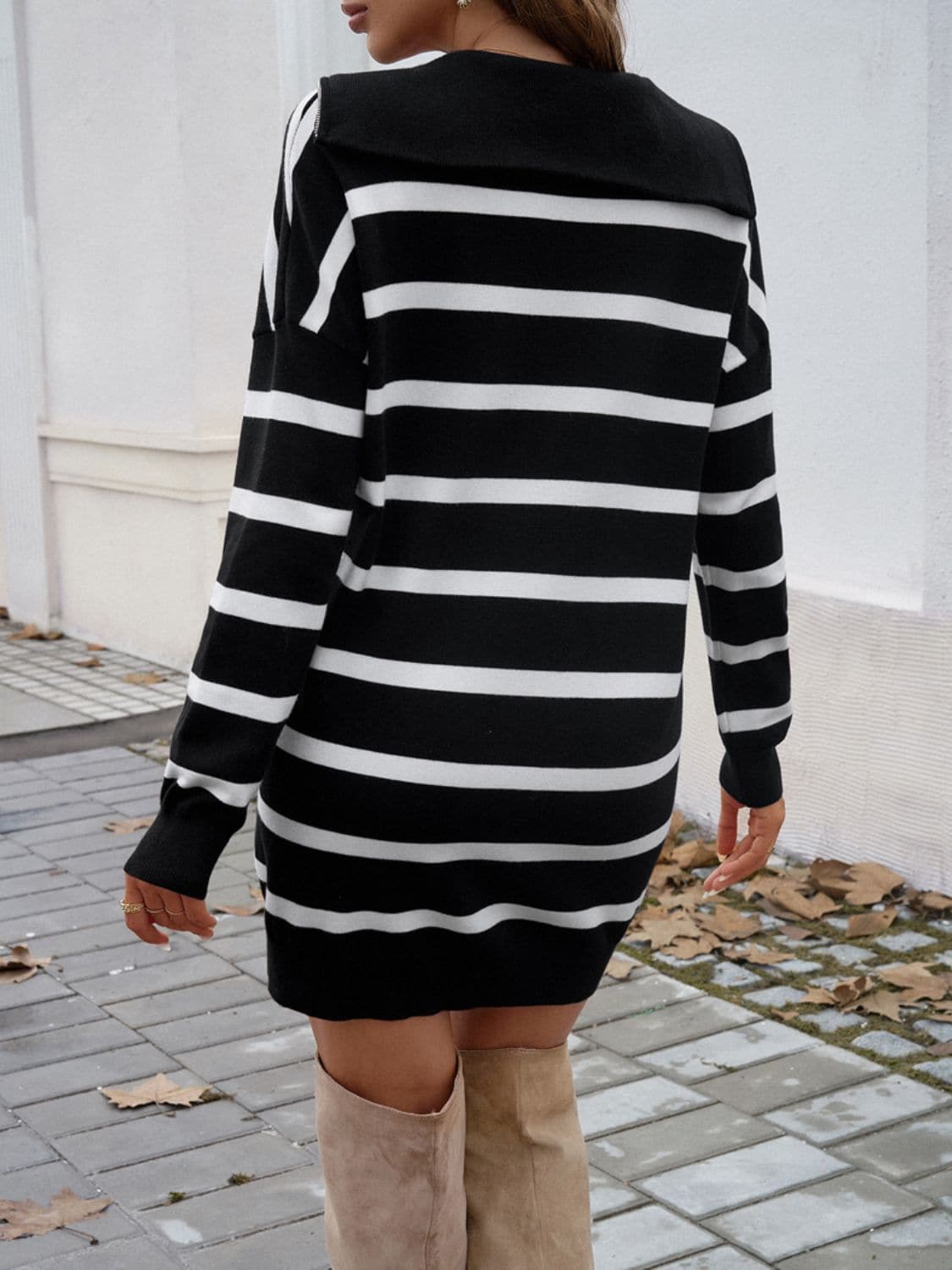 Chic quarter zip striped sweater dress with long sleeves