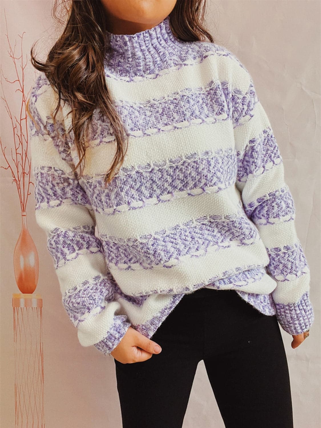 Striped Turtleneck Long Sleeve Sweater.