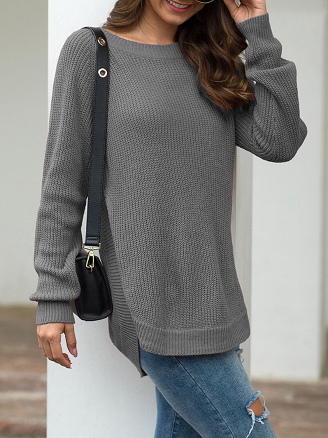 Slit Round Neck Long Sleeve Sweater.