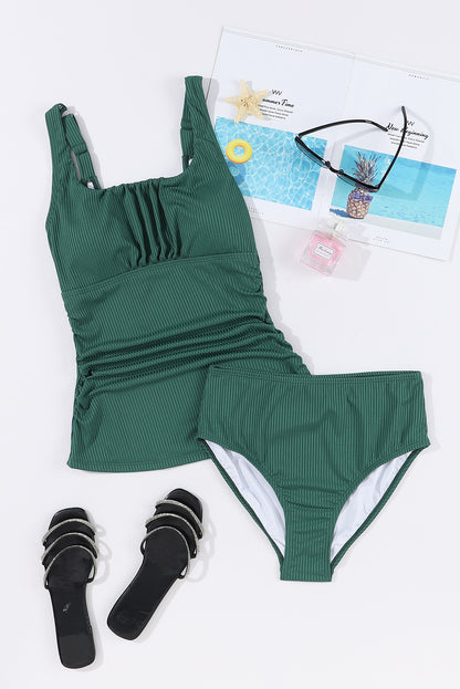 Chic black green ruched tankini set