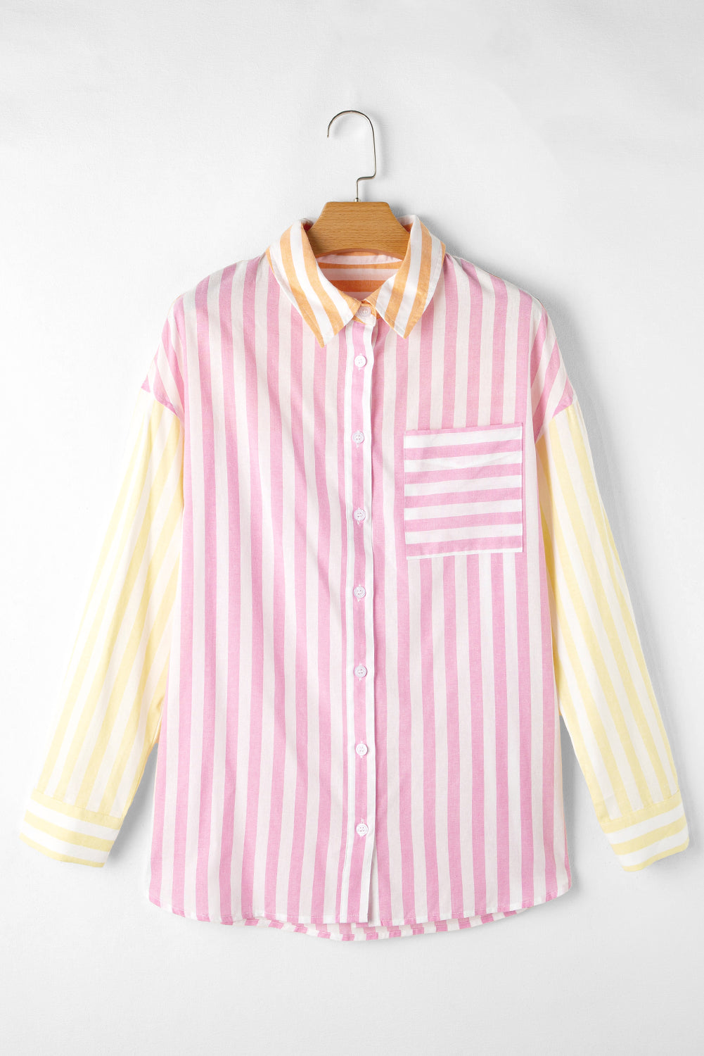 Pink striped patchwork shirt with contrast collar and long sleeves