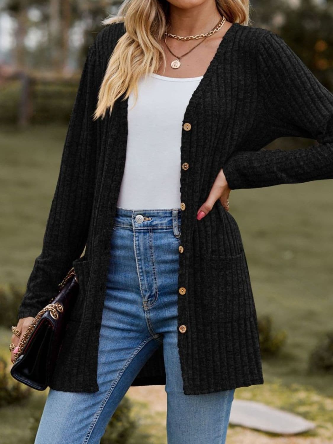 Ribbed Button Up Long Sleeve Cardigan.