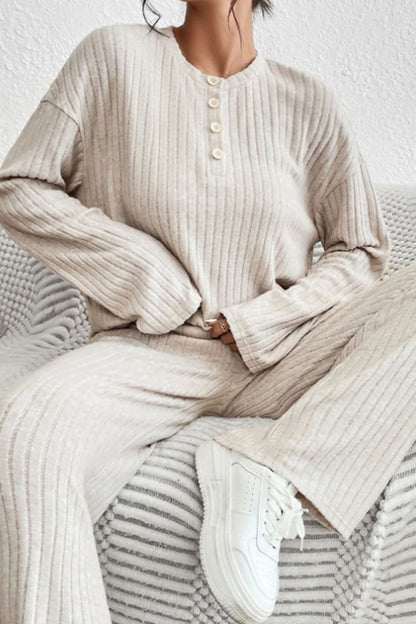 Ribbed Half Button Knit Top and Pants Set.