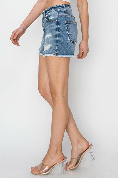 RISEN Stepped Waist Frayed Denim Shorts.