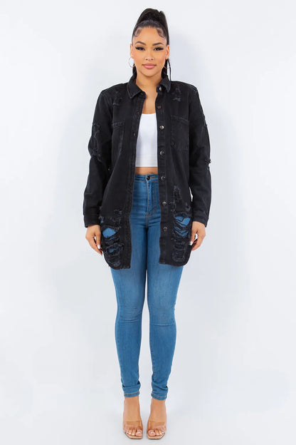 American Bazi Distressed Button Up Long Sleeve Denim Jacket - Love Salve 
