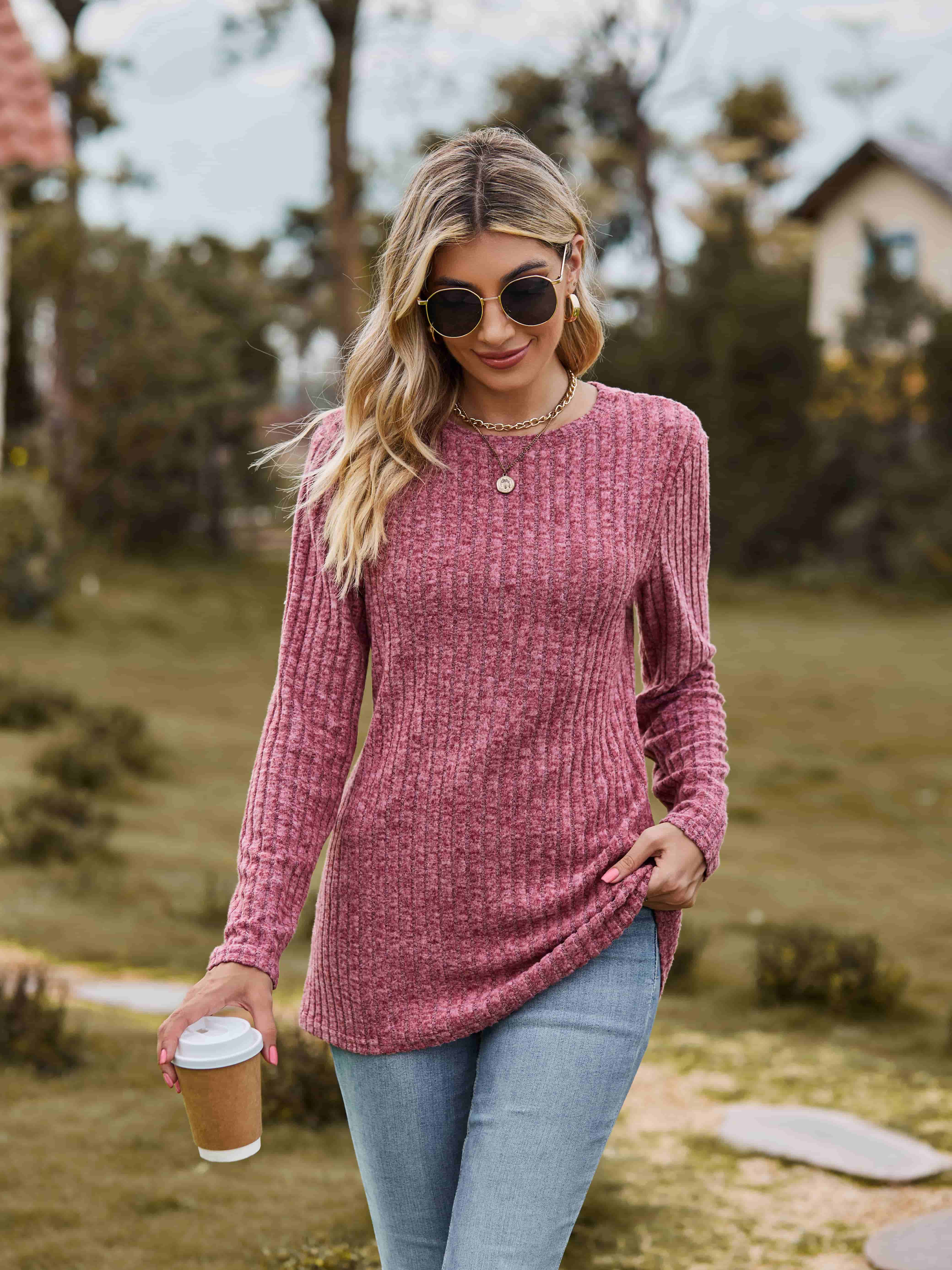 Ribbed Round Neck Long Sleeve Tee Coco’s Tee Boutique