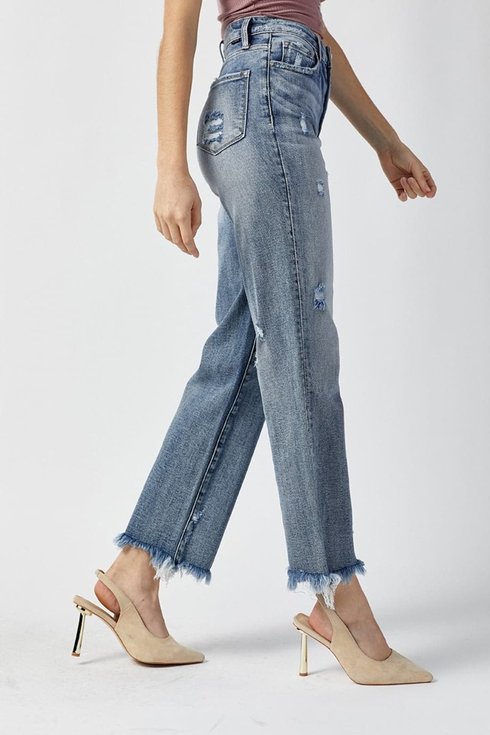 RISEN High Waist Raw Hem Straight Jeans.