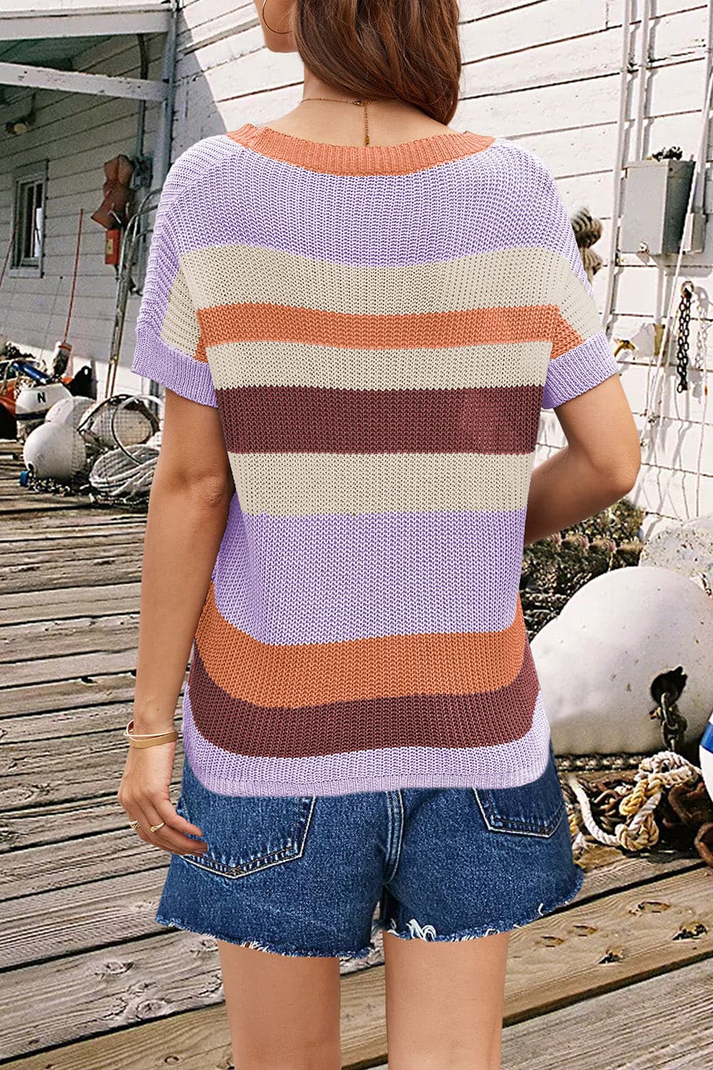 Striped Round Neck Short Sleeve Knit Top.