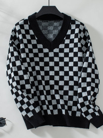 Vibrant checkered v-neck sweater