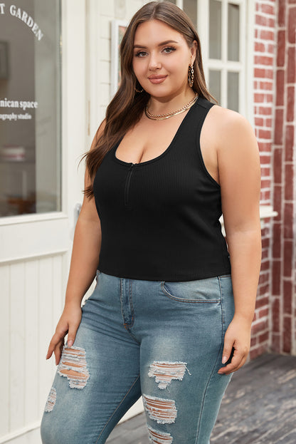 Chic black plus size ribbed tank top with zipper front detail