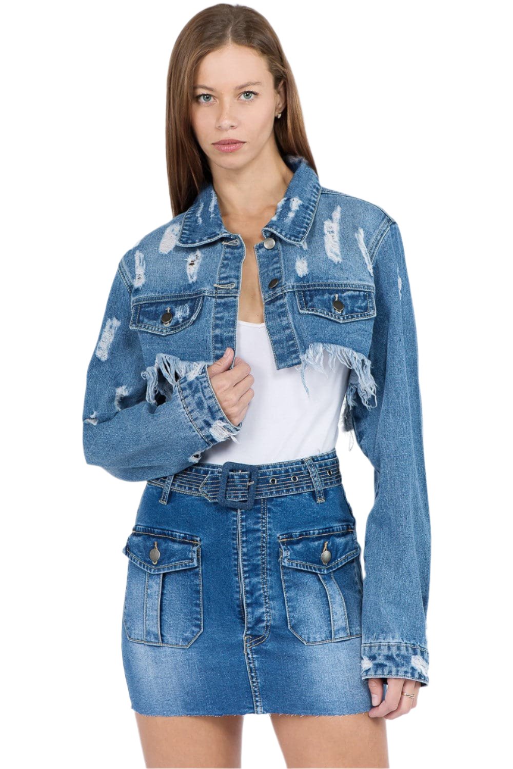 Chic cropped distressed denim jacket