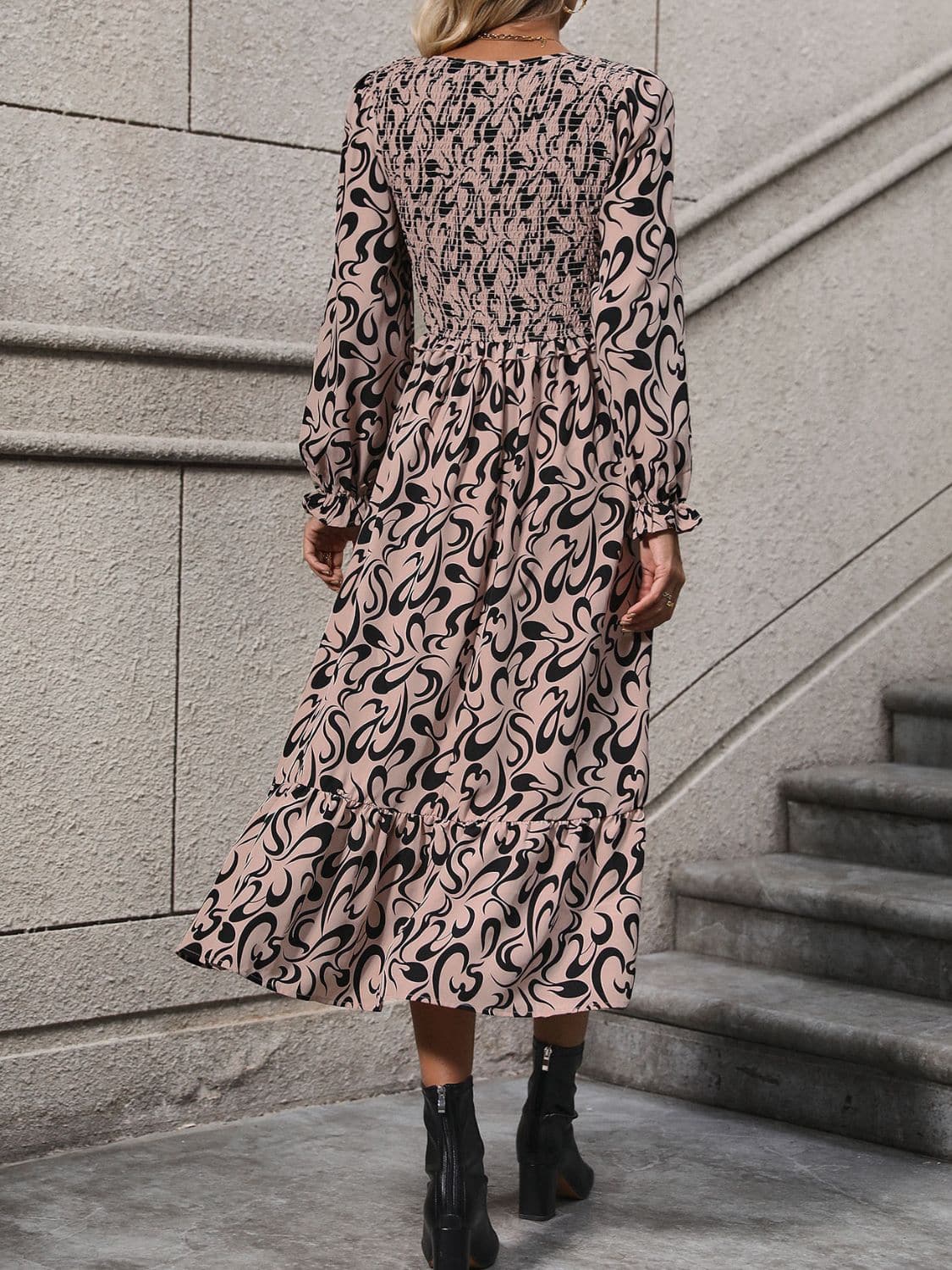 Printed V-Neck Long Sleeve Midi Dress.