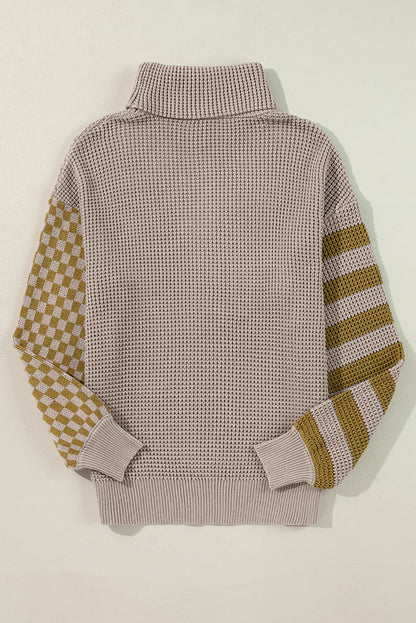 Cozy smoke gray patchwork turtleneck sweater with waffle knit texture