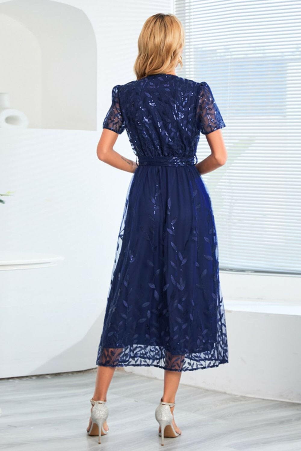 Sequin Leaf Embroidery Tie Front Short Sleeve Dress.