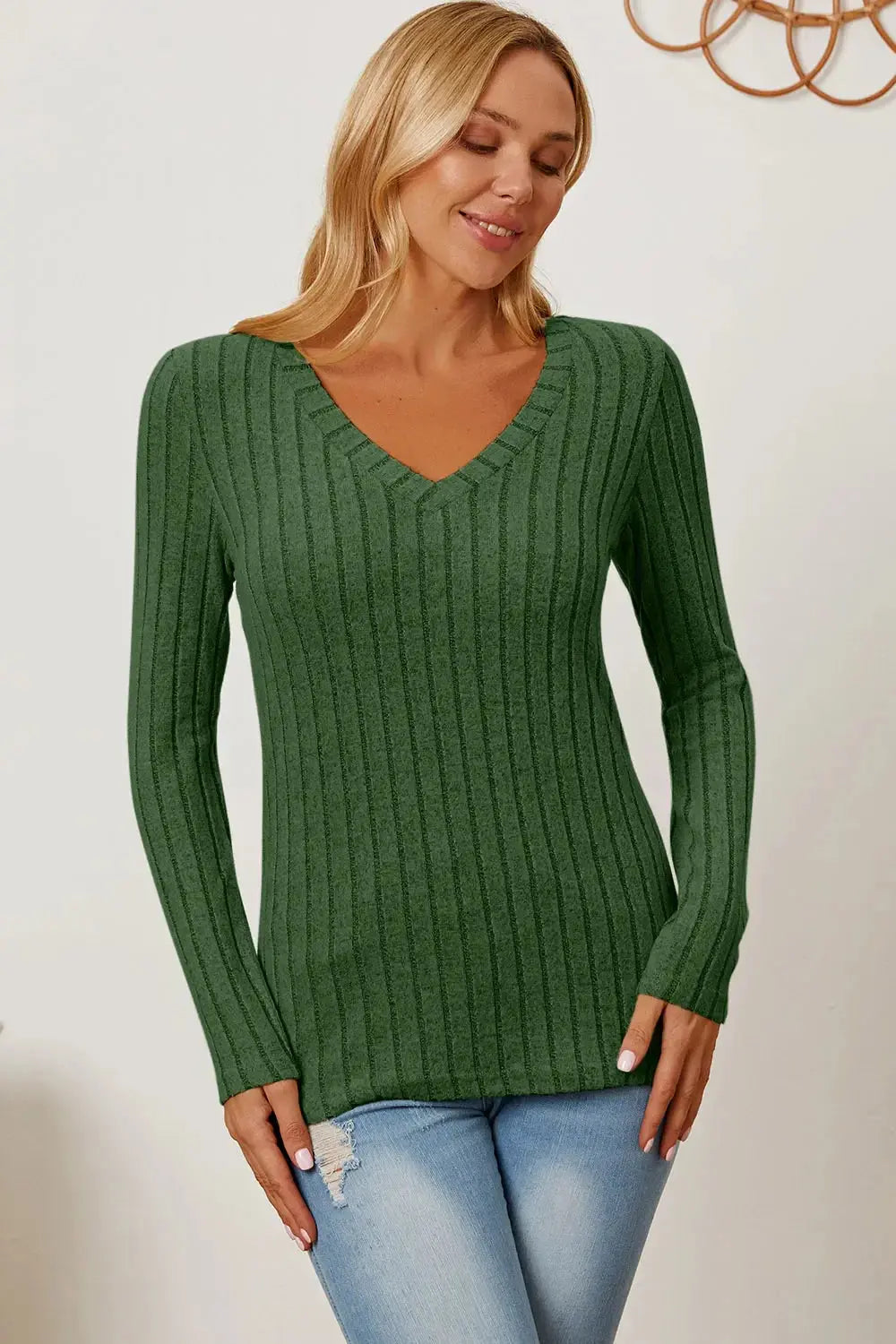 Basic Bae Full Size Ribbed V-Neck Long Sleeve T-Shirt - Love Salve
