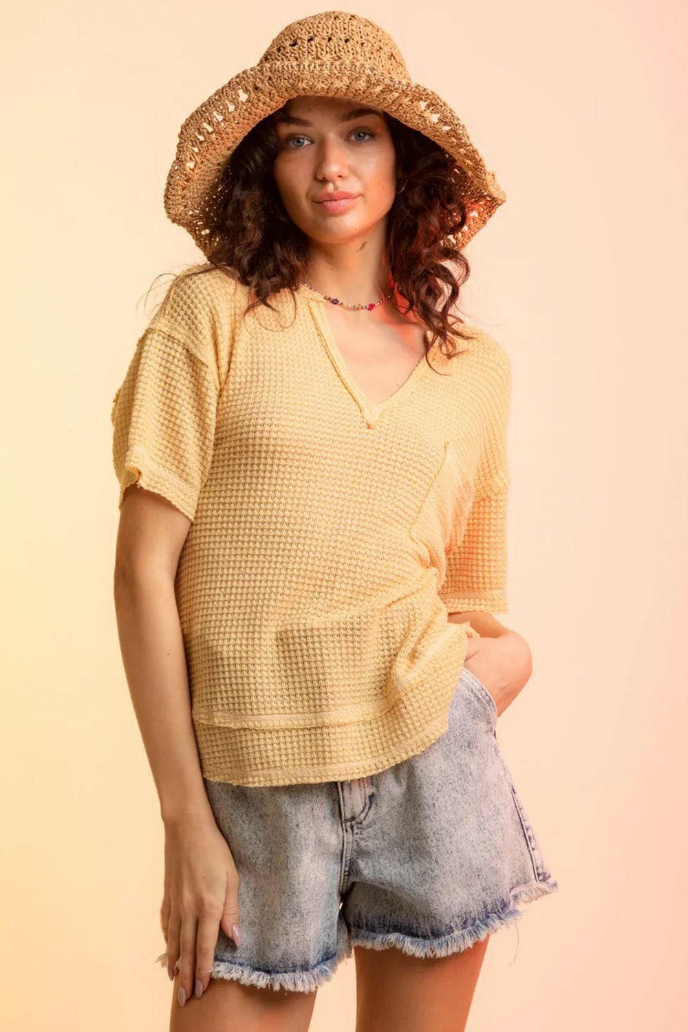 Waffle-Knit Notched Half Sleeve T-Shirt.