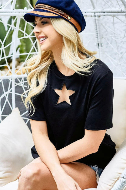 BiBi Star Cutout Short Sleeve T-Shirt in black with star-shaped cutout detail, casual trendy style.