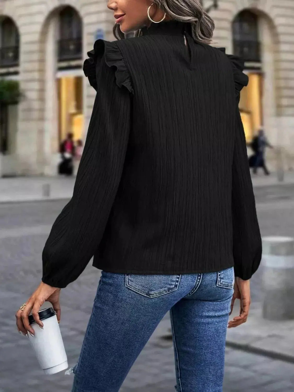 Ruffle Trim Long Sleeve Blouse Simply Love