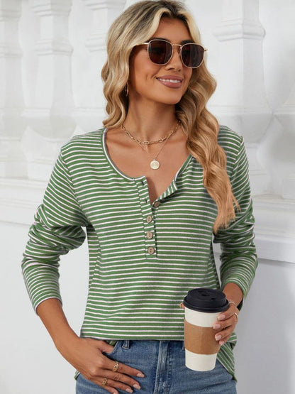 Striped Half Button Long Sleeve T-Shirt.