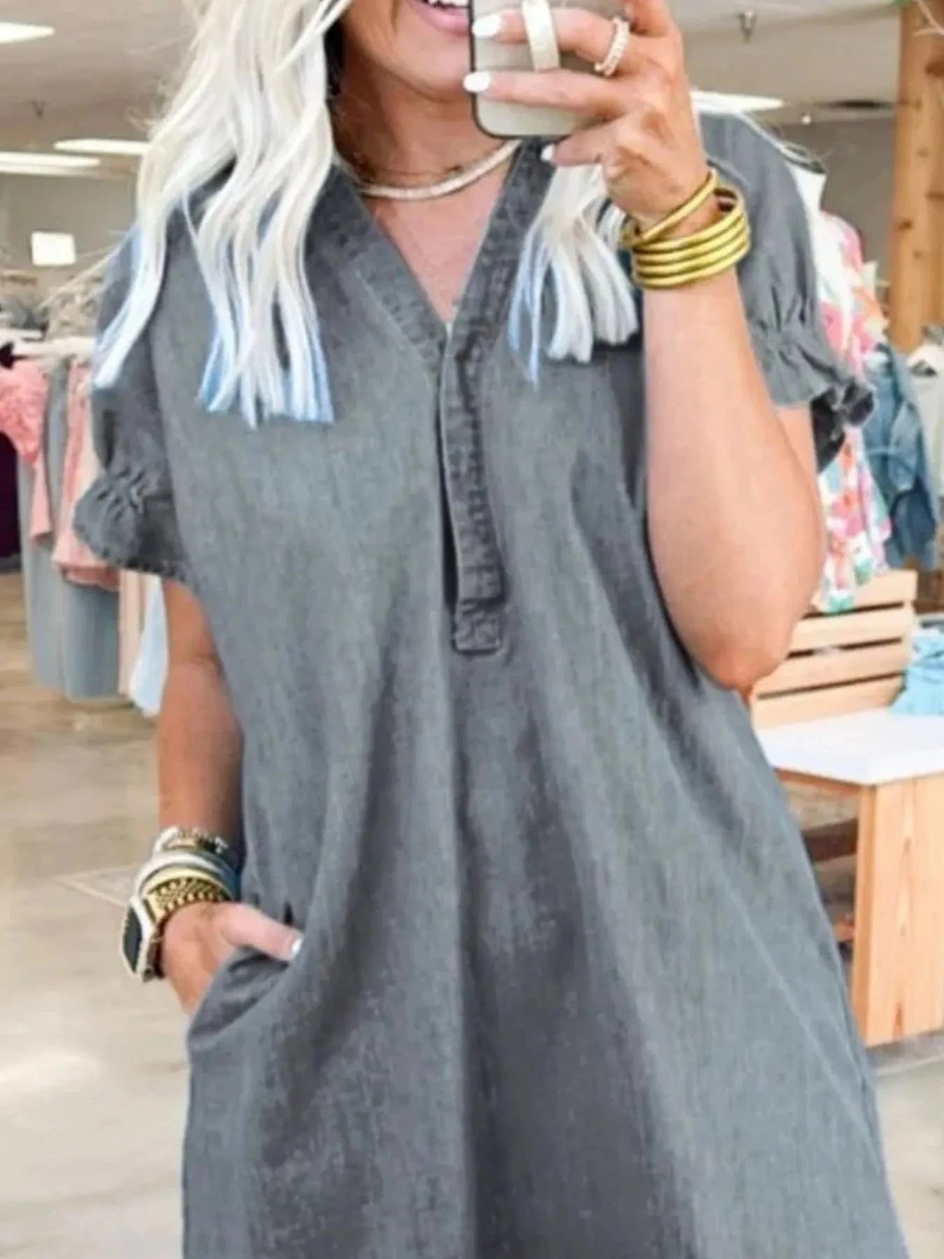 Full Size V-Neck Short Sleeve Denim Dress Plus Size Coco’s Tee Boutique