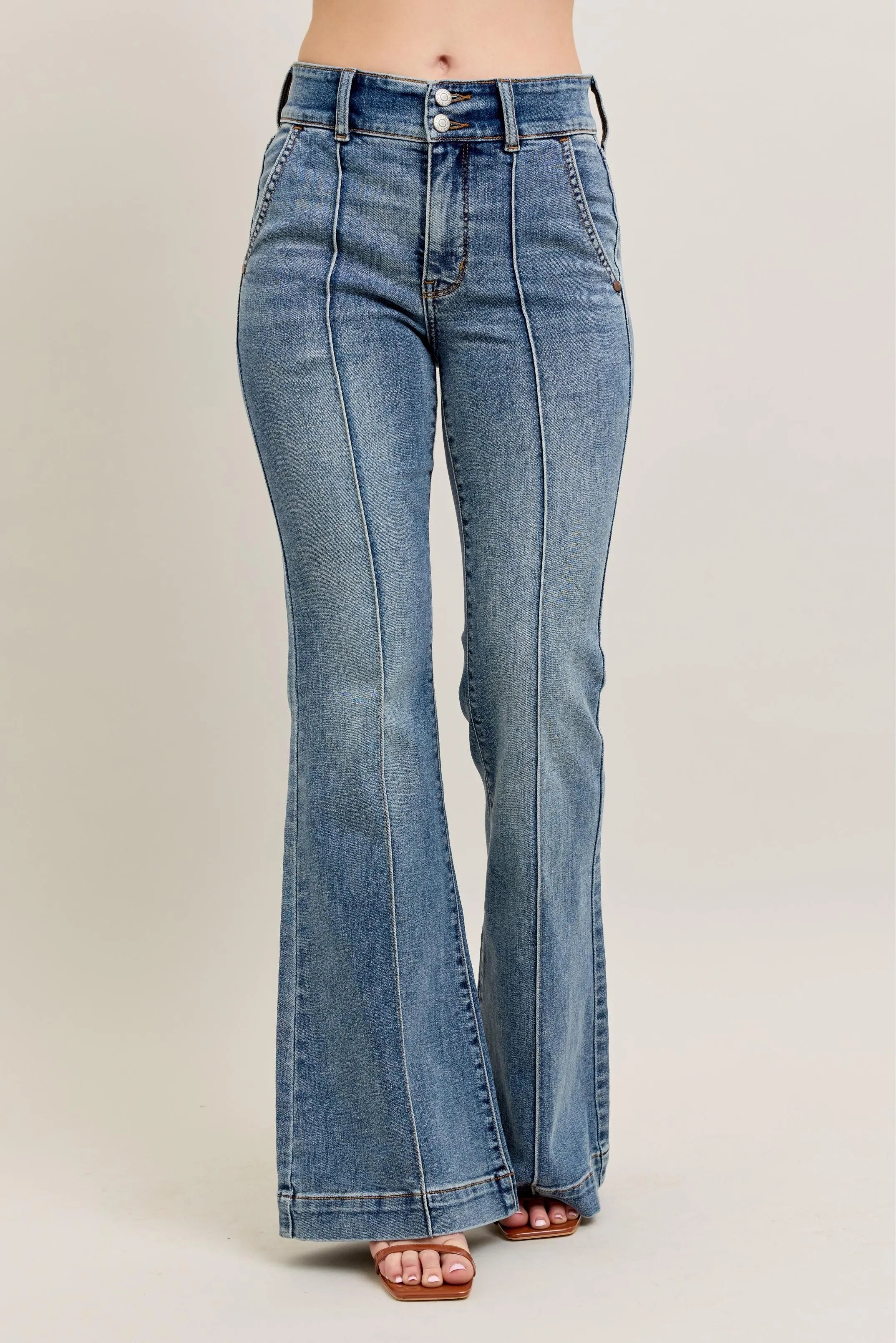 Judy Blue Plus Size High Waist Flare Denim Jeans with Front Seam Detail - Love Salve 