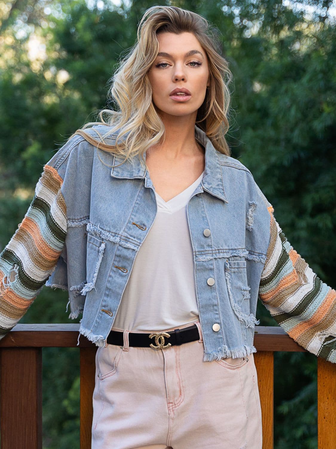 Distressed Striped Long Sleeve Denim Jacket.