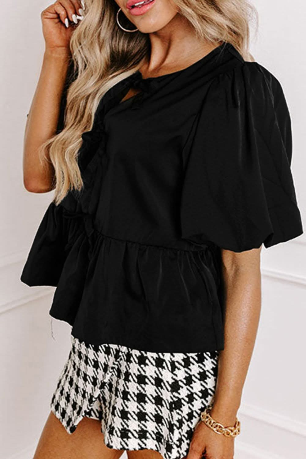 Chic Cutout Puff Sleeve Blouse with Round Neck