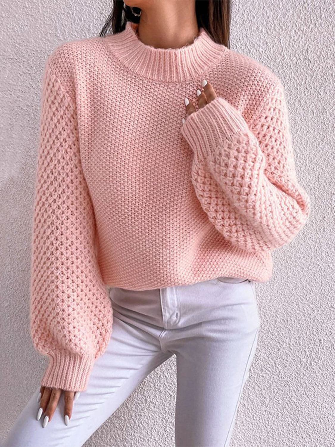 Openwork Mock Neck Long Sleeve Sweater.