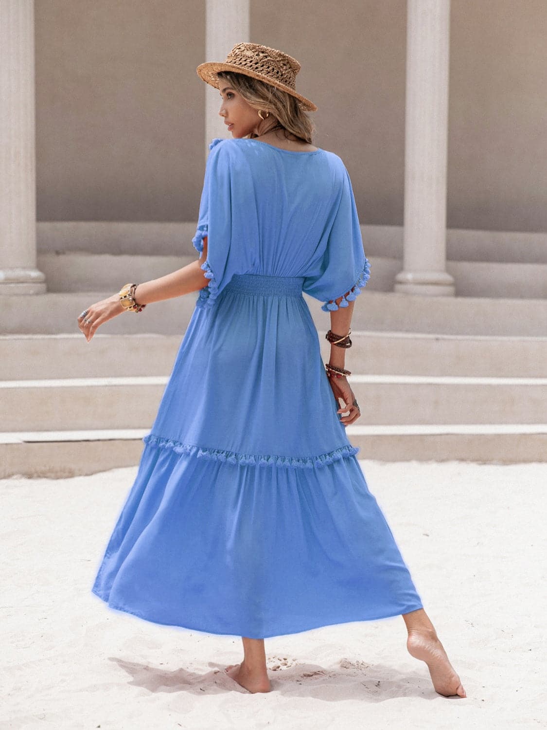 Tassel Trim Smocked V-Neck Short Sleeve Dress.