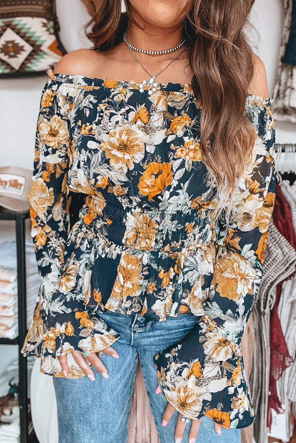 Premium Blue Floral Off Shoulder Bell Sleeve Smocked Peplum Top
