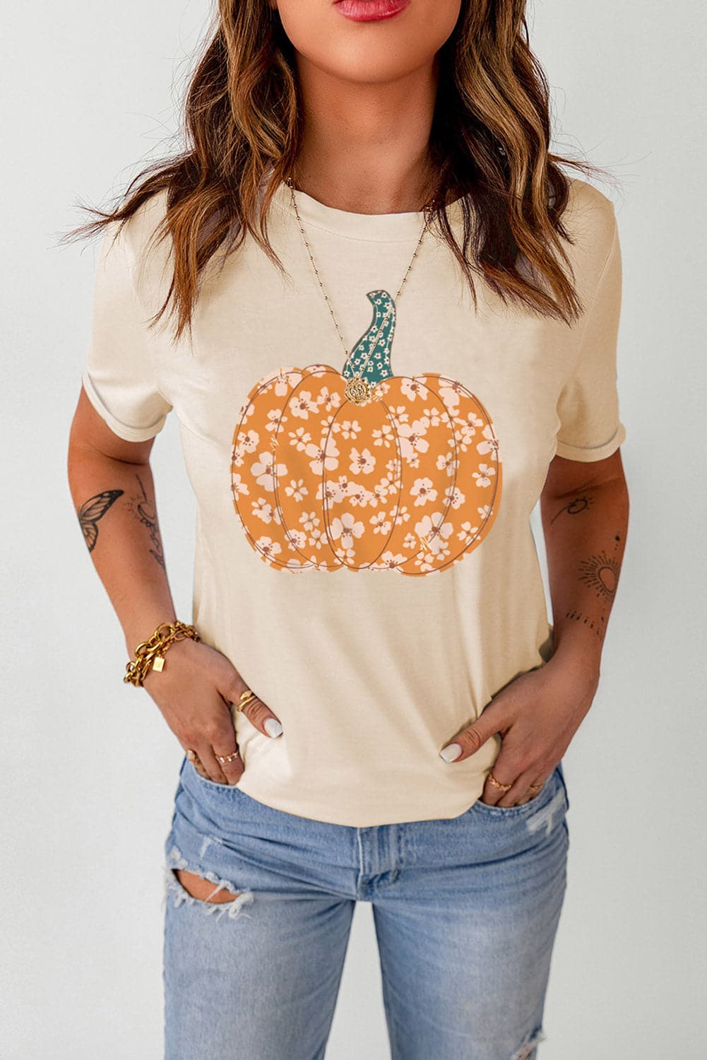 Pumpkin print casual tee with cuffs