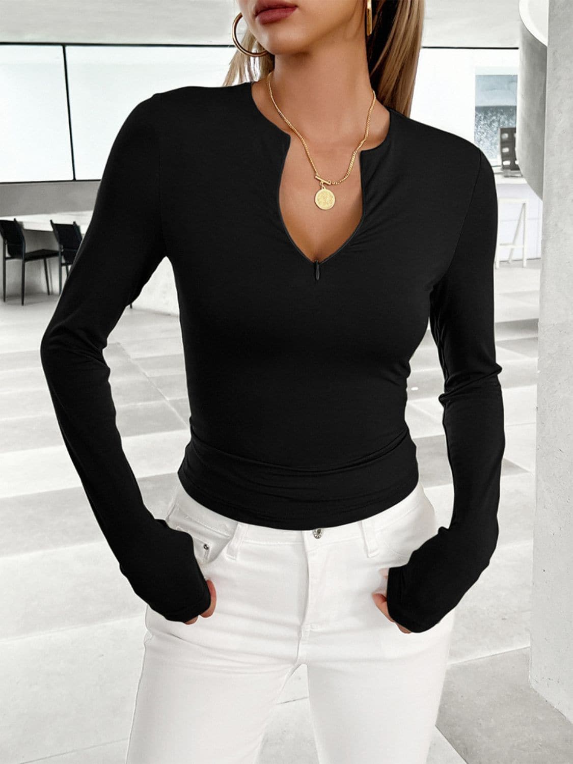 Notched Long Sleeve T-Shirt.