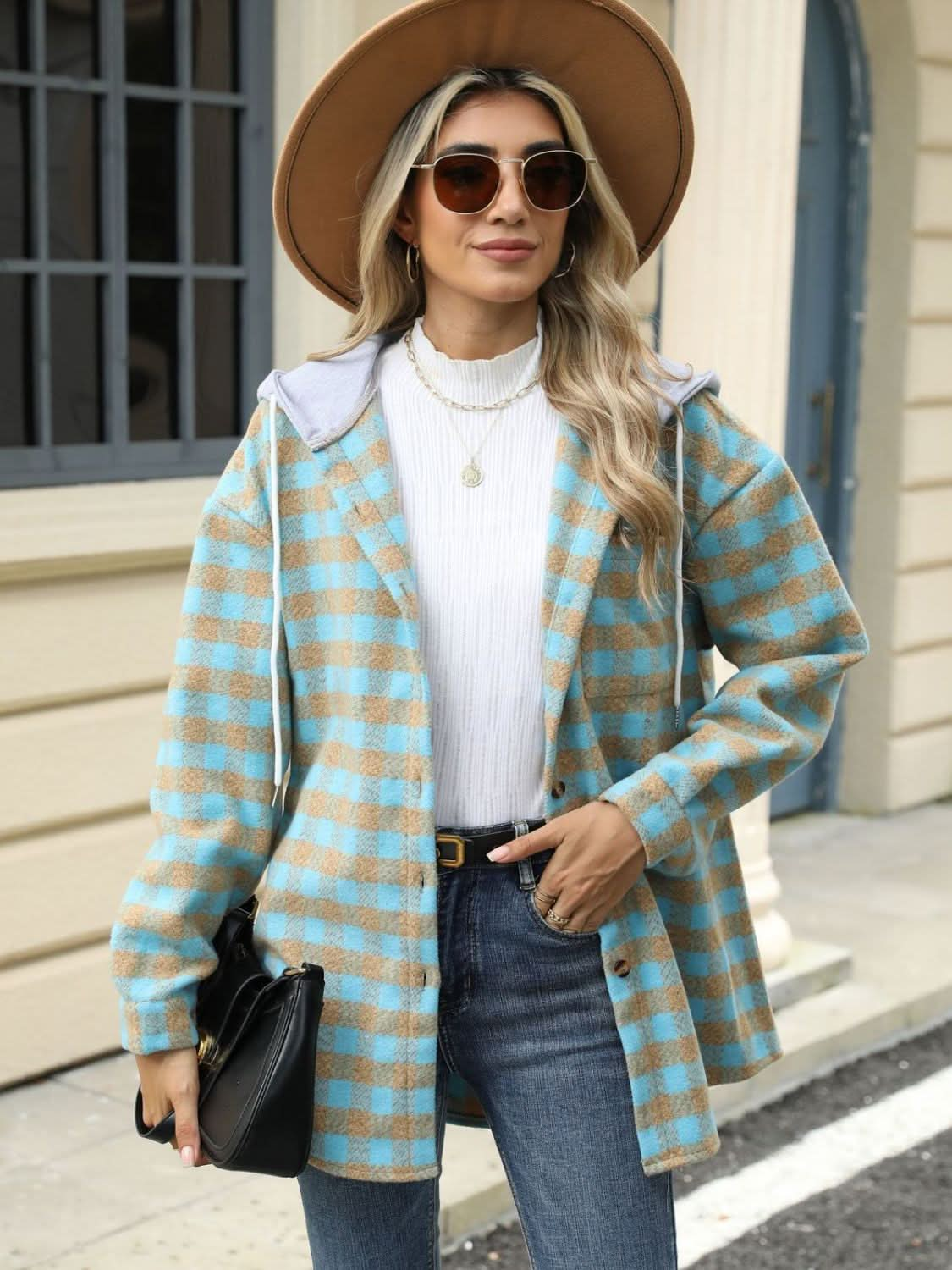 Plaid hooded jacket with pockets