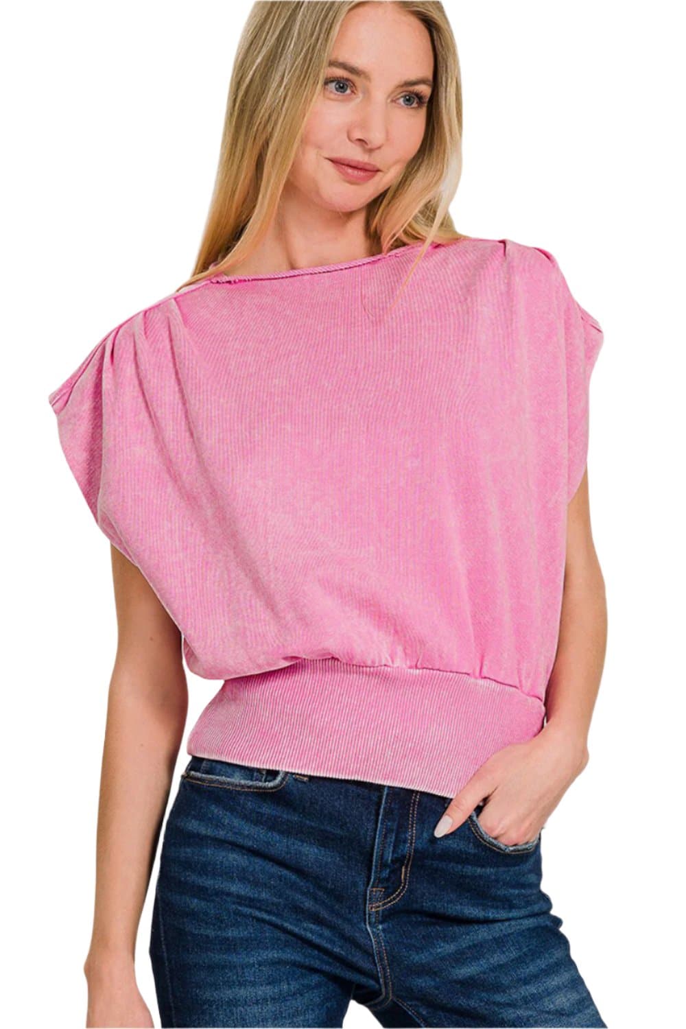 Zenana Washed Boat Neck Bottom Banded Dolman Sleeve Top.