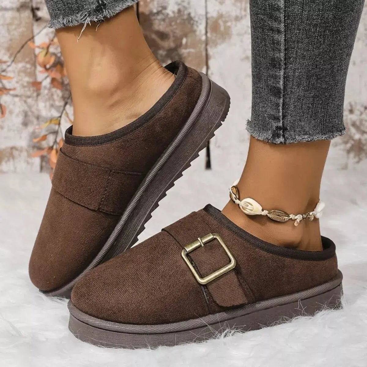 Buckle Decor Plush Lined Warm Slippers Simply Love