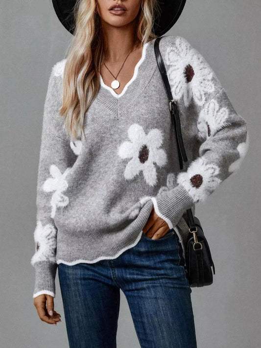 Floral V-Neck Long Sleeve Sweater Simply Love