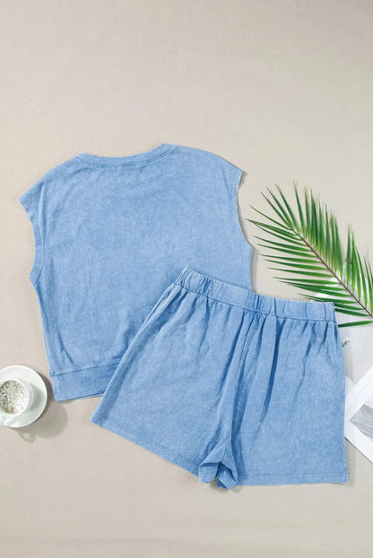 Round Neck Short Sleeve Top and Shorts Set.