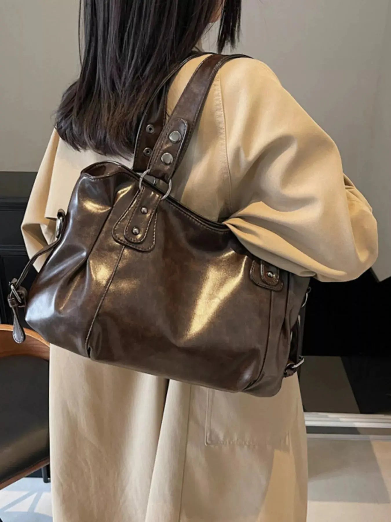 Vintage Style PU Leather Handbag Large Tote With Shoulder Straps Simply Love