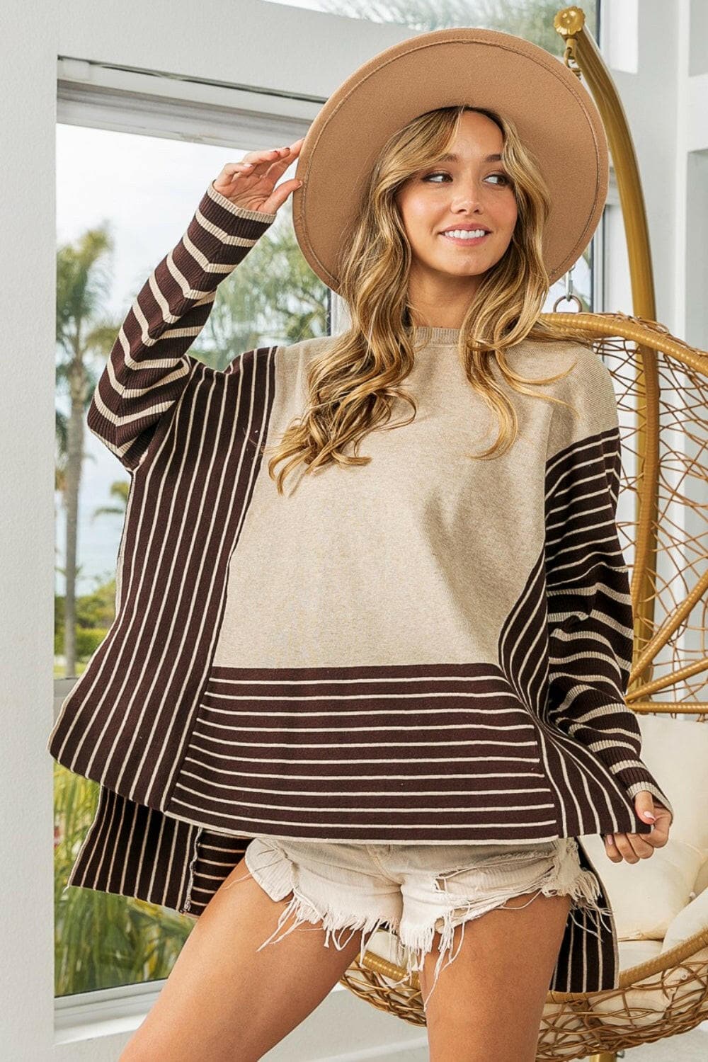 BiBi Striped Contrast Long Sleeve Slit Top.