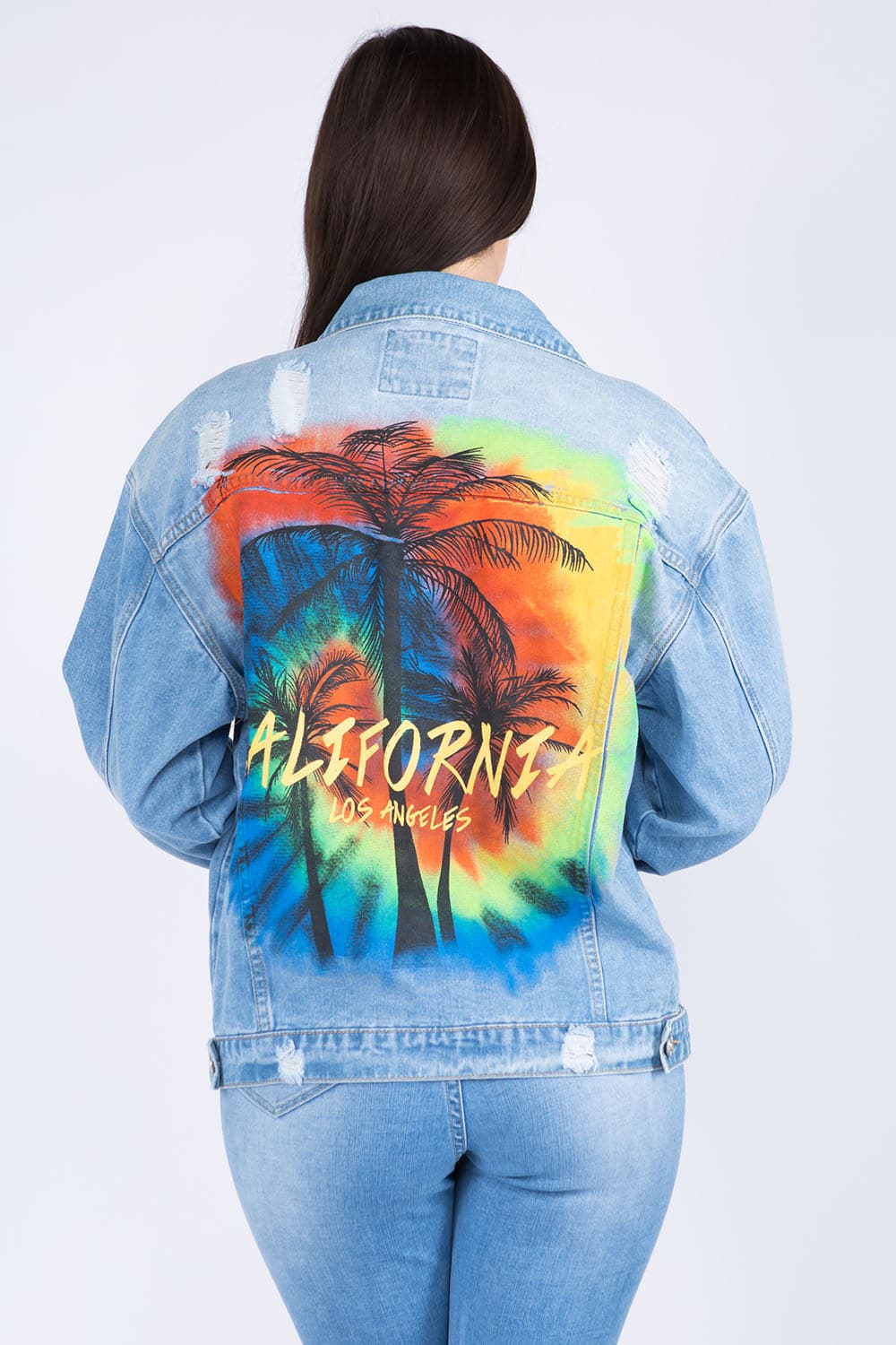 American Bazi Full Size Painted Back Distressed Denim Jacket.