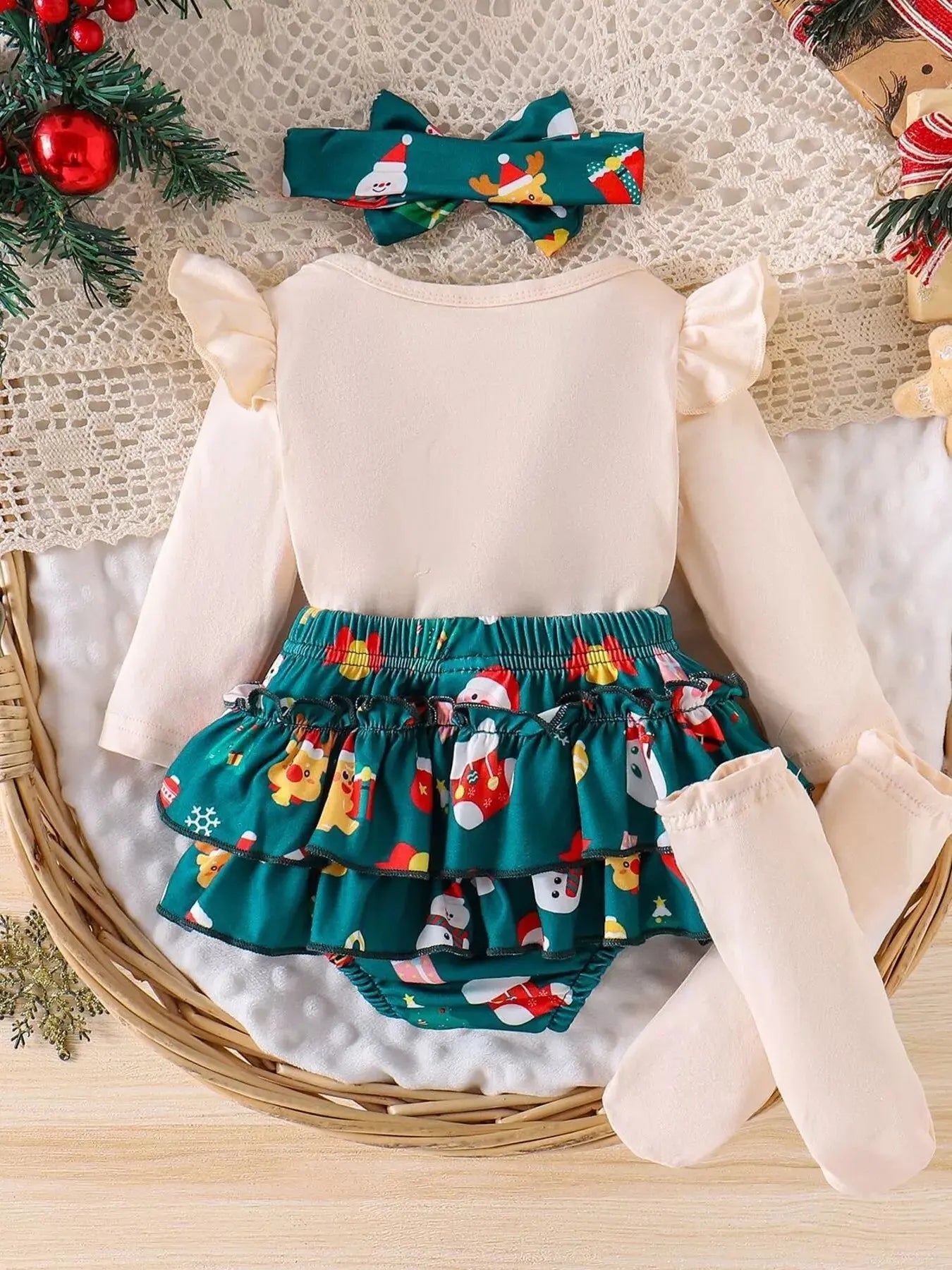 Children's Christmas Ruffled Long Sleeve Top and Skirt Set with Headband Simply Love