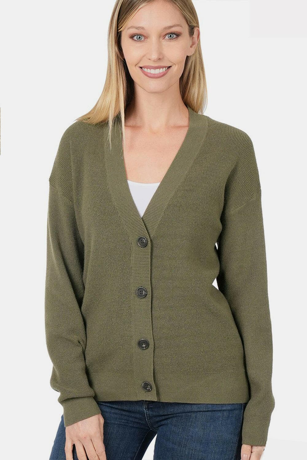 Zenana Button Up V-Neck Dropped Shoulder Cardigan.