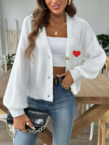 Heart Button Down V-Neck Long Sleeve Cardigan