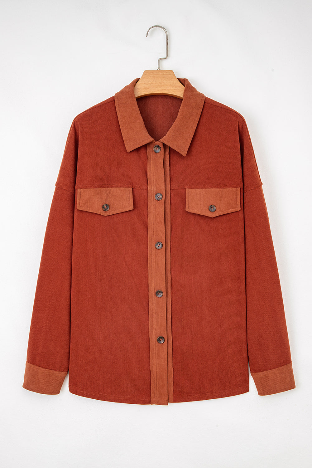 Gold Flame Velvet Flap Pockets Drop Shoulder Casual Shacket For Everyday Wear Versatile Layering Piece For Cool Weather Dear-Lover Dropshipping