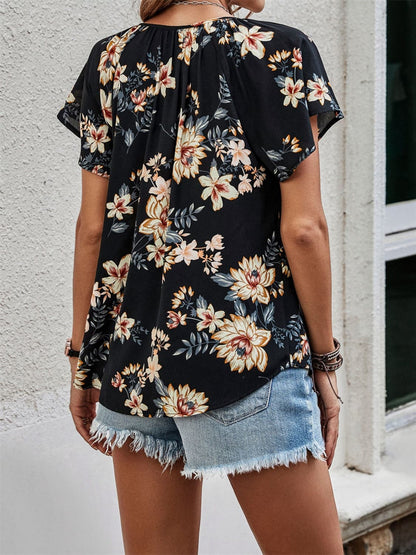 Printed Tie Neck Short Sleeve Blouse.