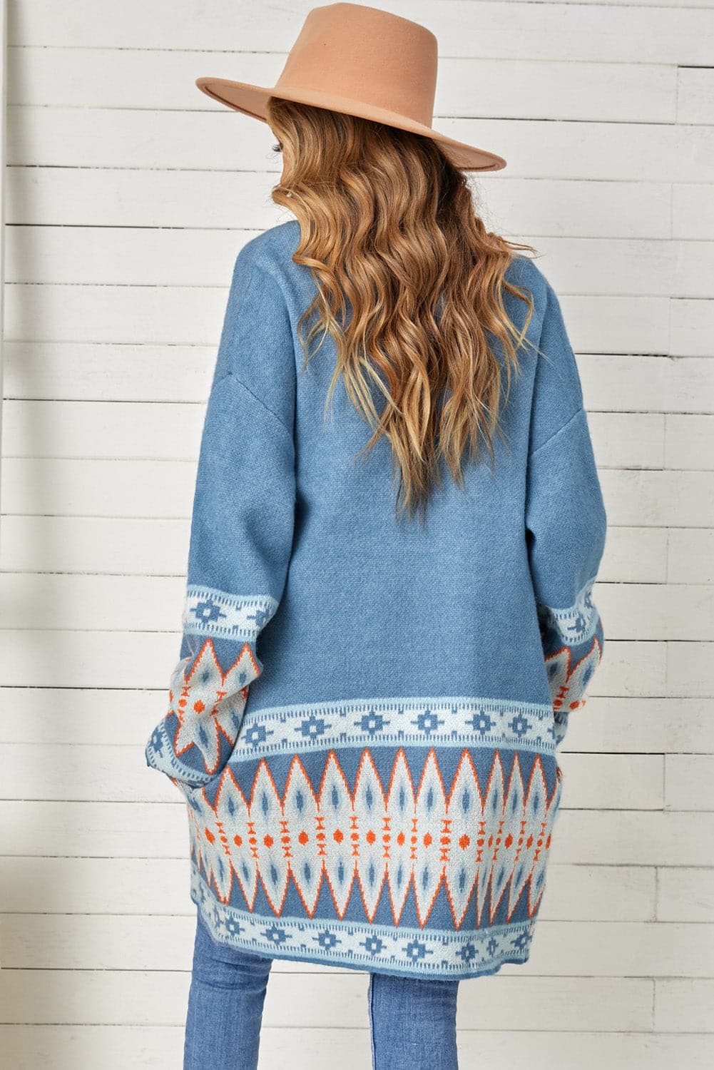 Geometric Open Front Long Sleeve Cardigan.