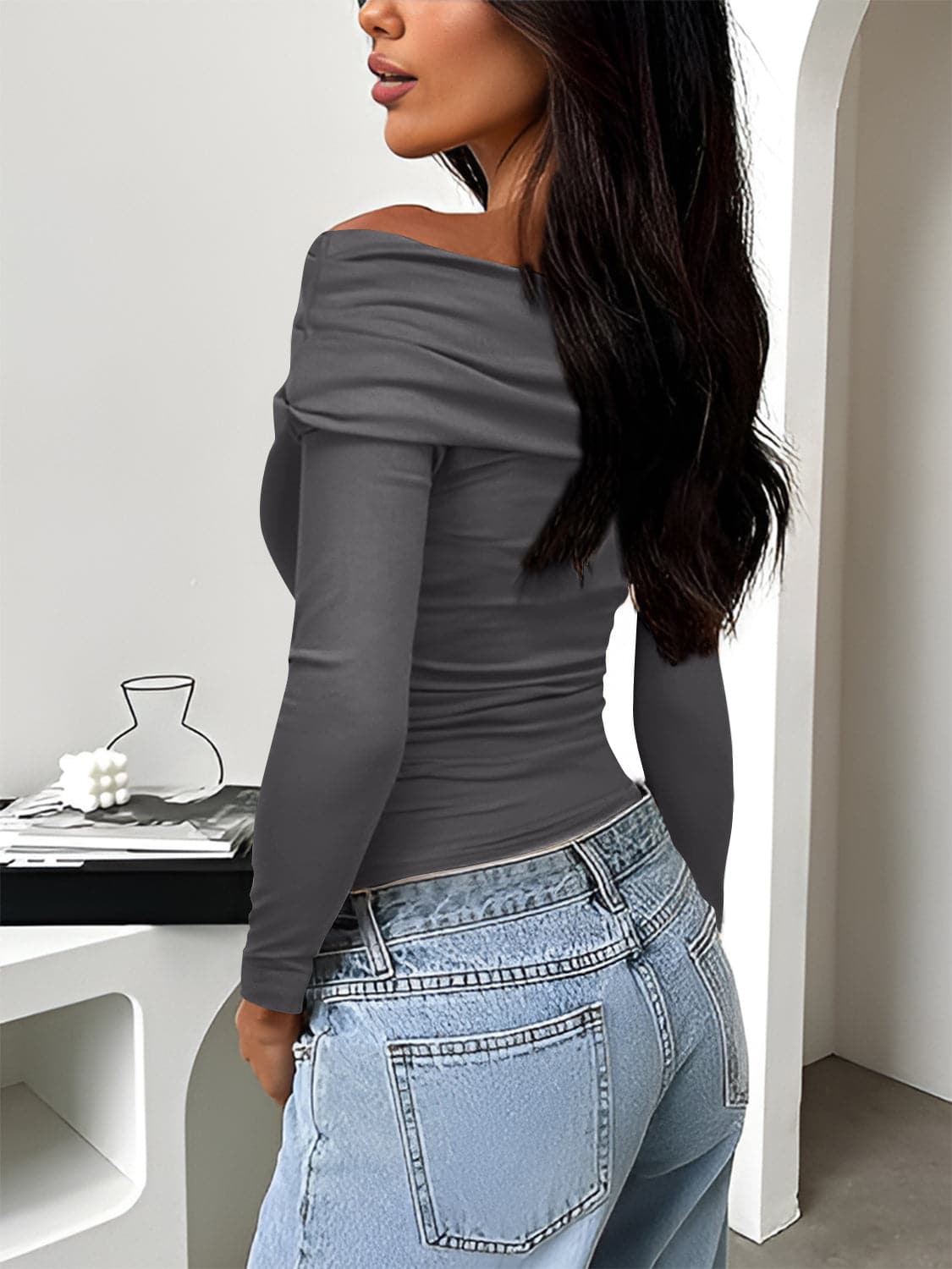 Ruched One Shoulder Long Sleeve T-Shirt.